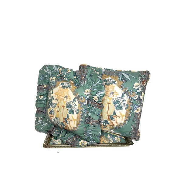 Set of Two Rare Sage Green Japanese Geisha Throw Pillows Chinioserie Garden - Picture 1 of 10